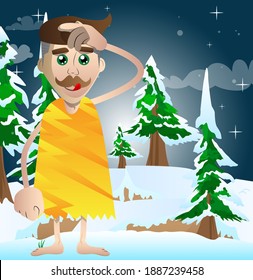 Cartoon man from a prehistoric era confused. Vector illustration of a man from the stone age scratching his head.
