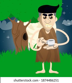 Cartoon man from a prehistoric era holding a cup of coffee. Vector illustration of a man from the stone age.