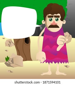 Cartoon man from prehistoric era showing dislike hand sign. Vector illustration of a man from the stone age.