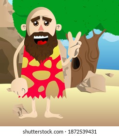 Cartoon man from a prehistoric era showing the V sign, peace hand gesture. Vector illustration of a man from the stone age.