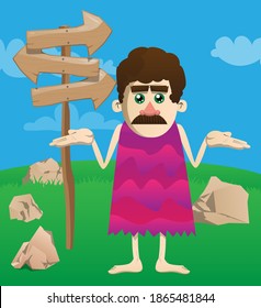 Cartoon man from a prehistoric era shrugs shoulders expressing don't know gesture. Vector illustration of a man from the stone age.