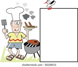 Cartoon of man preparing sausages and steak on outdoor barbeque.