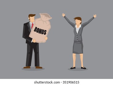 Cartoon man presenting a big sack with title Bonus to delighted woman executive with welcoming open arms gesture. Vector illustration on work incentives concept isolated on grey background.