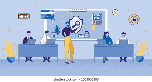 Cartoon Man Presenting Internet Security Technology Vector Illustration. Online Banking Access Protection, Credit Card Safety. Key Padlock Shield Symbols. Electronic Payment Transaction