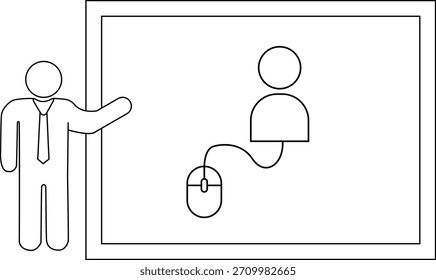 Hombre de dibujos animados presenta una pantalla que muestra al usuario de stickfigure conectado a un ratón