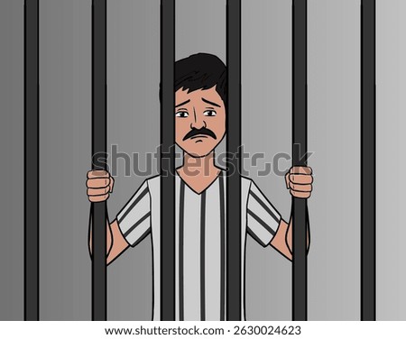 Cartoon Man in Prison Cell Vector, character, Cartoon Man in Prison Dress Illustration, jail cell bars vector