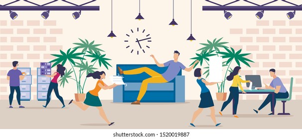 Cartoon Man Procrastinating Lying on Sofa while other Coworkers Working Hard. Office People Urgency Performing Necessary Tasks. Lazy Colleague Resting Having Passive Income. Vector Flat Illustration