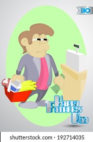 Cartoon man with products at the cash register and the volume label of a happy father's day