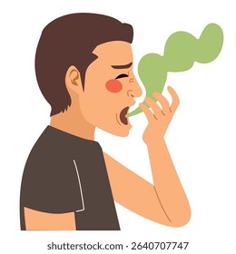 Cartoon of a man in profile smelling his own bad breath. Drawing for oral hygiene or halitosis awareness