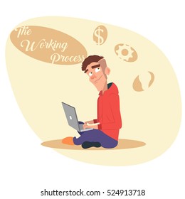 Cartoon man programmer is working coding and programming on his laptop.