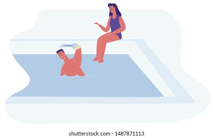 Cartoon Man with Prosthetic Hand Swimm Vector Illustration. Woman Sit Swimming Pool. Rehabilitation Treatment, Aquatic Rehab. Physically Disabled, Handicapped Person Sport Training