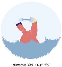 Cartoon Man with Prosthetic Hand Swimm in Pool Vector Illustration. Physically Disabled, Handicapped Person Rehabilitation Treatment. Aquatic Rehab. Paralympic Game Sport Competition