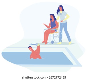 Cartoon Man with Prosthetic Hand Swimm in Pool Vector Illustration. Woman Sit in Wheelchair, Medical Nurse Push. Rehabilitation Treatment, Physically Disabled, Handicapped Person Aquatic Rehab.