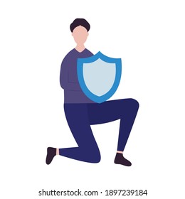 caricaturista protegiéndose con un escudo sobre fondo blanco, diseño colorido, ilustración vectorial
