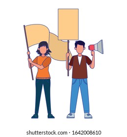 cartoon man protestating holding a megaphone and woman holding a blank sign over white background, colorful design, vector illustration