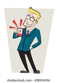 cartoon man proud of his work showing his employee card.
