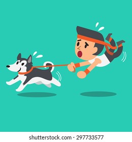 Cartoon man pulled by his siberian husky dog