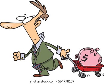 Cartoon Man Pulling A Wagon And Piggy Bank