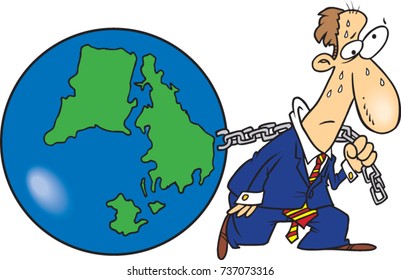 cartoon man pulling the weight of the world behind him