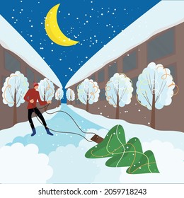 cartoon man pulls a Christmas tree at night under the moon. Vector illustration in a flat style