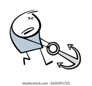 Cartoon man pulls a heavy anchor. Vector illustration of stickman is trying, applying his strength. A sailor and part of a ship on land.