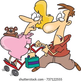 cartoon man pushing his pregnant wife on a dolly to delivery