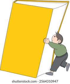 A cartoon man pushing a massive yellow book, representing the pursuit of knowledge and the importance of past wisdom