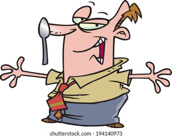 cartoon man putting a spoon on his nose