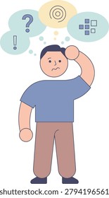 Cartoon man with puzzled expression and question marks