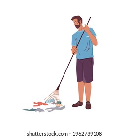 Caricaturista con una lluvia recolectando basura aislada, activista voluntario. Vector barbudo adulto para limpiar el suelo de los desechos, botellas de recogida y papeles para recoger basura, proteger el medio ambiente