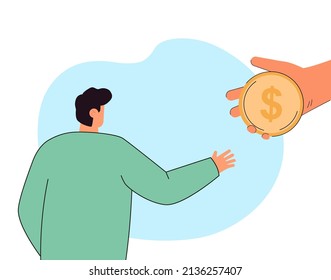 Cartoon Man Reaching For Gold Coin In Big Hand. Male Character Taking Loan In Bank Or Borrowing Money From Friend Flat Vector Illustration. Financial Help, Debt Concept For Banner Or Landing Web Page