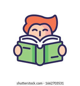 caricaturista leyendo un libro sobre fondo blanco, línea y estilo de relleno icono, ilustración vectorial