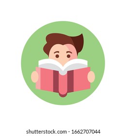 caricaturista leyendo un libro sobre fondo blanco, icono de estilo de bloque, ilustración vectorial
