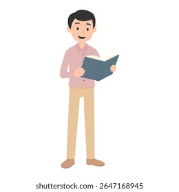 Cartoon man reading book standing upright. Minimalist vector illustration of a cheerful man reading a blue book while standing