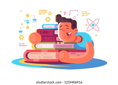 Cartoon man reading many books. Tired student sleeping on book vector illustration. Exhausted boy dozing off and dreams about science and education flat concept