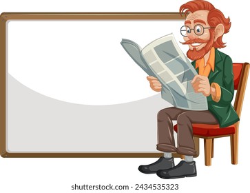 Cartoon of a man reading a newspaper seated
