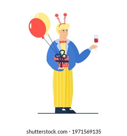 Cartoon man ready for birthday celebration party with holiday balloons, gift box, funny head decoration and glass of wine. Flat isolated vector illustration.