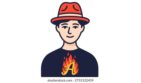 Hombre de dibujos animados con sombrero rojo, camiseta oscura y letra "A" envuelto en llamas