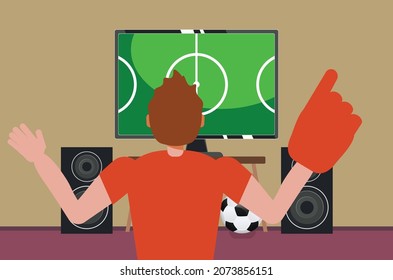 Cartoon man in red shirt in wheelchair watching TV, soccer or football fan illustration.