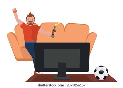 Cartoon man in red shirt in wheelchair watching TV, soccer or football fan illustration.