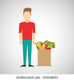 cartoon man red tshirt with shop bag healthy food vector illustration eps 10