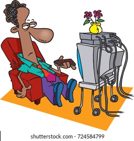 cartoon man relaxing after work in front of the television