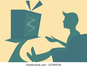 Cartoon man with remote watching TV in armchair. Vector 