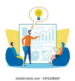 Cartoon Man Reporting at Business Meeting. Worker Having Idea for Increasing Financial Profit, Positive Feedback. Office People Conference and Brainstorming Process. Vector Flat Cartoon Illustration