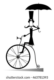 Cartoon man rides a bike. Gentleman with moustaches, top hat and umbrella rides a retro bike and looks healthy and happy
