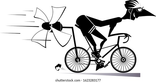 Cartoon man rides a bike isolated illustration. Smiling man in helmet on the bike tries to ride faster using a propeller black on white
