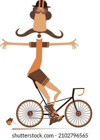 Cartoon man rides a bike isolated illustration. 
Smiling long mustache man in helmet rides a bike and looks healthy and happy isolated on white
