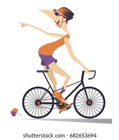 Cartoon man rides a bike isolated. Smiling man in helmet on the bike looking back laughs and points a finger to someone or something
