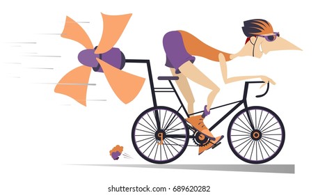 Cartoon man rides a bike isolated. Smiling man in helmet on the bike tries to ride faster using a propeller
