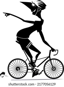 Cartoon man rides a bike. 
Smiling man in helmet on the bike looking back laughs and points a finger to someone or something. Black and white
